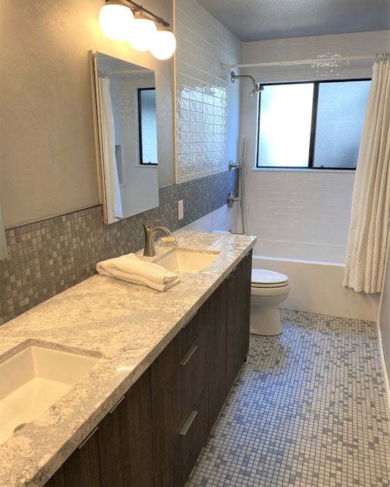 Modwalls Mediterranean Mosaic Porcelain Tile | Marrakesh Blend Gloss | Gray | Pictured installed in a bathroom| Colorful Modern & Midcentury tile for bathrooms, kitchens, backsplashes, showers, floors, pools & outdoors.