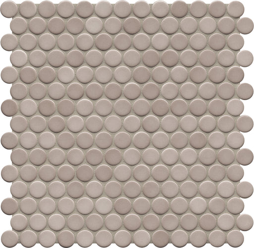 Modwalls PopDotz Porcelain Penny Round Tile | 1” Gloss | Mocha Blend | Brown | Colorful Modern & Midcentury tile for bathrooms, kitchens, backsplashes, showers, floors, pools & outdoors.