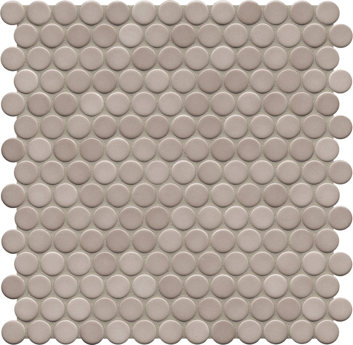 Modwalls PopDotz Porcelain Penny Round Tile | 1” Gloss | Mocha Blend | Brown | Colorful Modern & Midcentury tile for bathrooms, kitchens, backsplashes, showers, floors, pools & outdoors.
