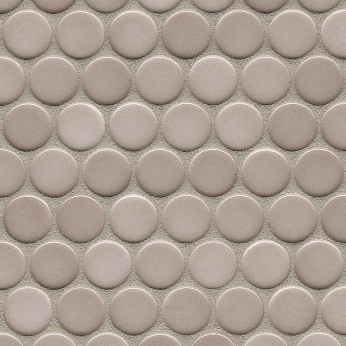 Sample of Modwalls PopDotz Porcelain Penny Round Tile | 1” Gloss | Mocha Blend | Brown | Colorful Modern & Midcentury tile for bathrooms, kitchens, backsplashes, showers, floors, pools & outdoors.