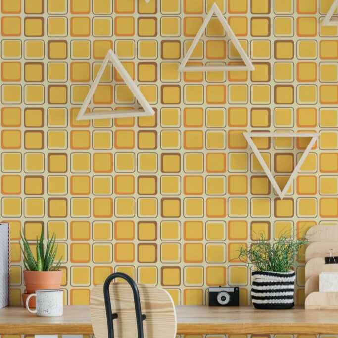 Modwalls ModPaper | ModBlock | Yellow and brown | Pictured installed in an office | Colorful Midcentury and Retro wallpapers for bathrooms, kitchens, living rooms, dining rooms, baby rooms, kid’s rooms, and offices.