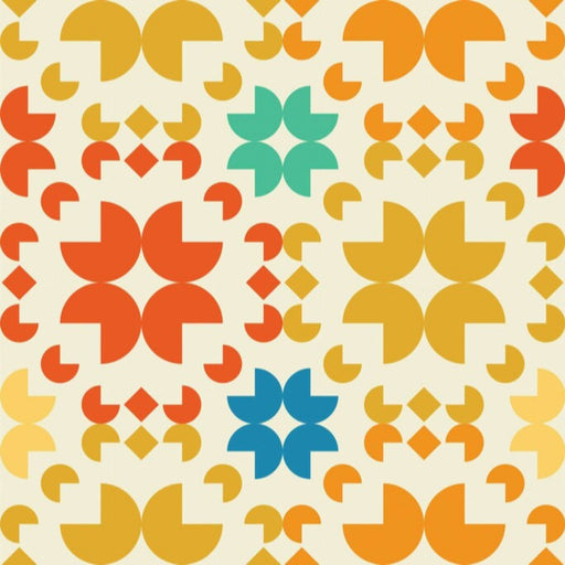 Modwalls ModPaper | ModBurst | Multicolor wallpaper with cream, yellow, orange, red and blue | Colorful Midcentury and Retro wallpapers for bathrooms, kitchens, living rooms, dining rooms, baby rooms, kid’s rooms, and offices.