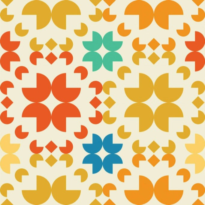 Modwalls ModPaper | ModBurst | Multicolor wallpaper with cream, yellow, orange, red and blue | Colorful Midcentury and Retro wallpapers for bathrooms, kitchens, living rooms, dining rooms, baby rooms, kid’s rooms, and offices.