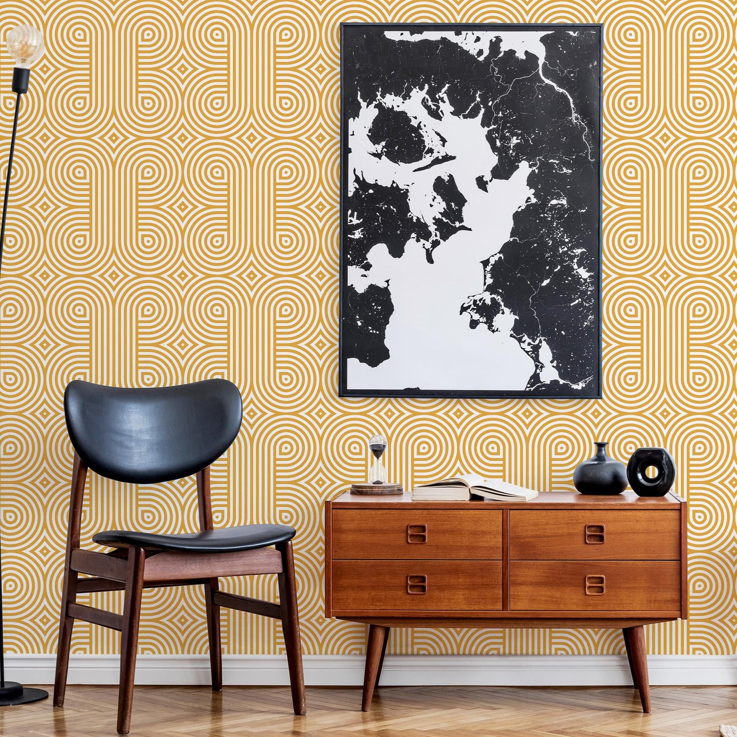 Modwalls ModPaper | ModFlow | Multicolor wallpaper with yellow and white | Pictured installed in a living room | Colorful Midcentury and Retro wallpapers for bathrooms, kitchens, living rooms, dining rooms, baby rooms, kid’s rooms, and offices.