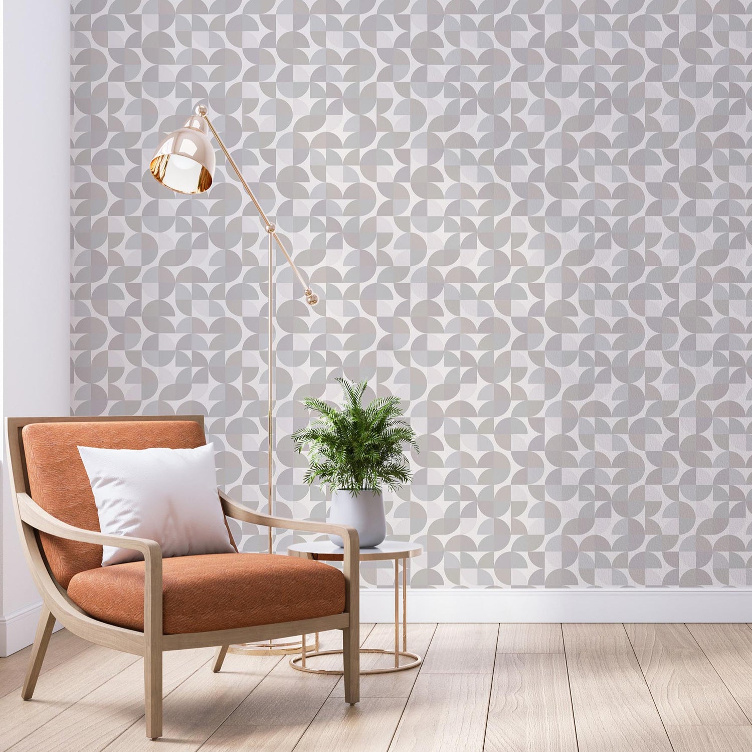 Modwalls ModPaper | ModGeo | Multicolor wallpaper with gray and white designs | Pictured installed in a living room | Colorful Midcentury and Retro wallpapers for bathrooms, kitchens, living rooms, dining rooms, baby rooms, kid’s rooms, and offices.