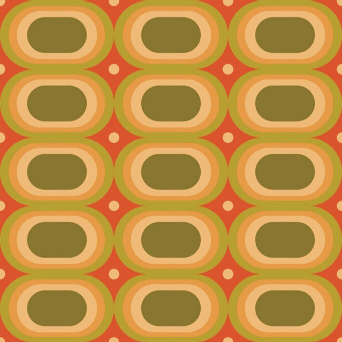 Modwalls ModPaper | ModOval Groove| Multicolor wallpaper with orange and green oval designs |  Colorful Midcentury and Retro wallpapers for bathrooms, kitchens, living rooms, dining rooms, baby rooms, kid’s rooms, and offices.