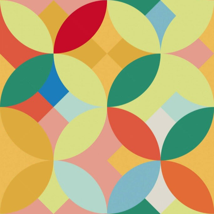 Modwalls ModPaper | ModPlay | Multicolor wallpaper with orange, green, pink, blue and red circle designs | Colorful Midcentury and Retro wallpapers for bathrooms, kitchens, living rooms, dining rooms, baby rooms, kid’s rooms, and offices.