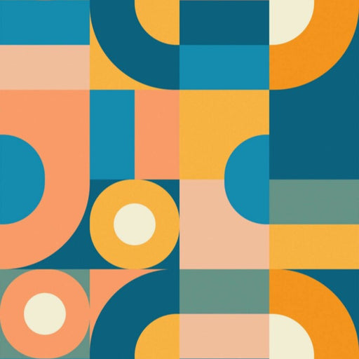 Modwalls ModPaper | ModRhythm | Blue, orange, and yellow Bauhaus repeating wallpaper design | Colorful Midcentury and Retro wallpapers for bathrooms, kitchens, living rooms, dining rooms, baby rooms, kid’s rooms, and offices.