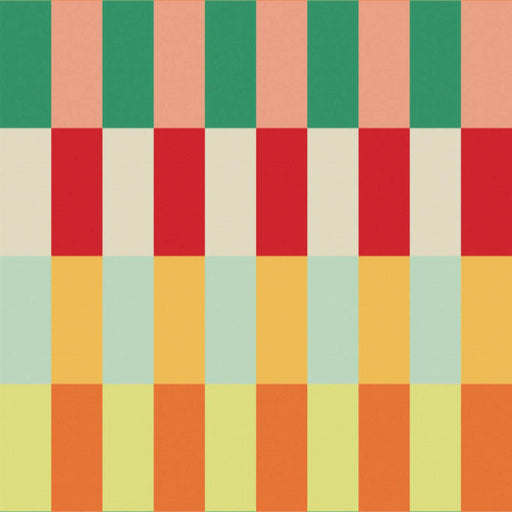 Modwalls ModPaper | ModStripe | Pink, orange, green, red, yellow, blue and white repeating wallpaper stripe design | Colorful Midcentury and Retro wallpapers for bathrooms, kitchens, living rooms, dining rooms, baby rooms, kid’s rooms, and offices.