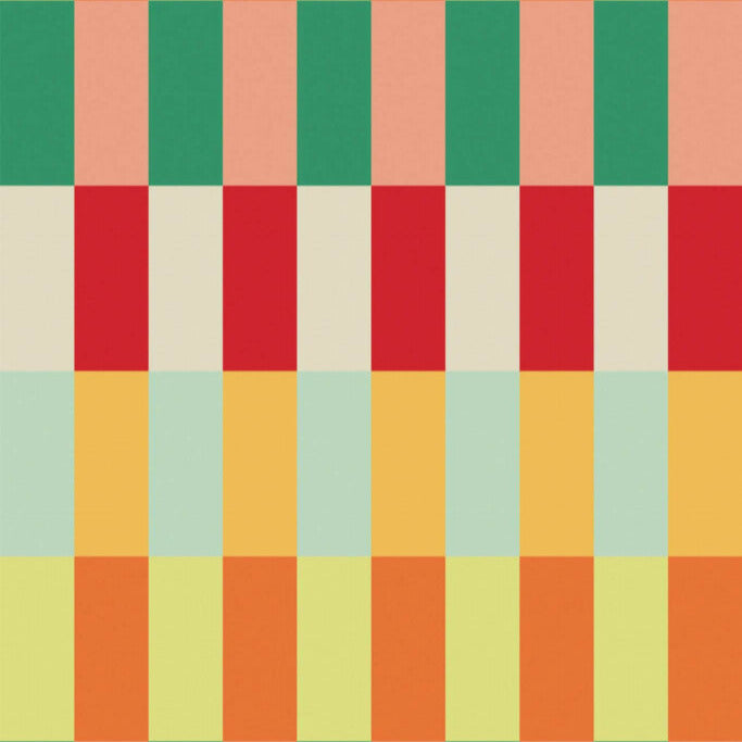 Modwalls ModPaper | ModStripe | Pink, orange, green, red, yellow, blue and white repeating wallpaper stripe design | Colorful Midcentury and Retro wallpapers for bathrooms, kitchens, living rooms, dining rooms, baby rooms, kid’s rooms, and offices.