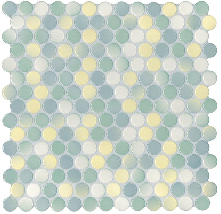 Modwalls PopDotz Porcelain Penny Round Tile | 1" Gloss | Necco Blend | Colorful Modern & Midcentury tile for bathrooms, kitchens, backsplashes, showers, floors, pools & outdoors.