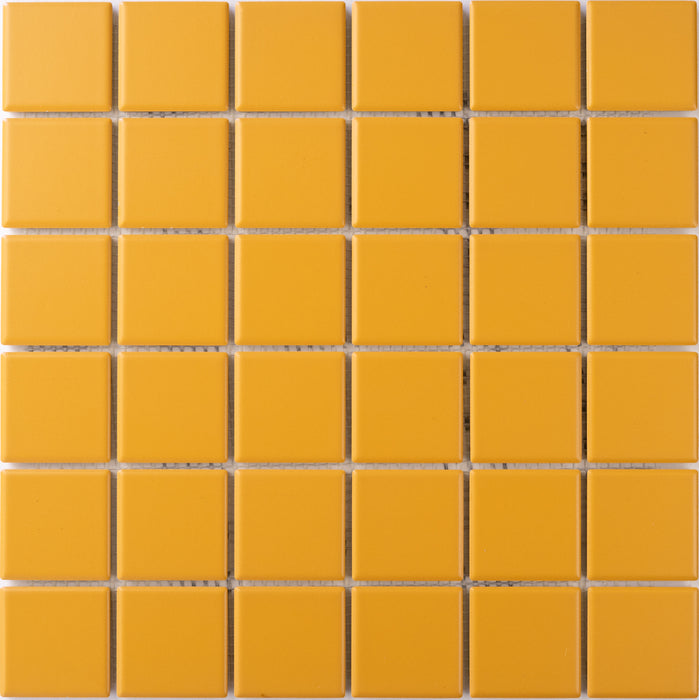 Sample of Modwalls ColorBlock 2 Porcelain Tile | Ochre | Orange tile | Colorful Modern & Midcentury tile for bathrooms, kitchens, backsplashes, showers, floors, pools & outdoors.