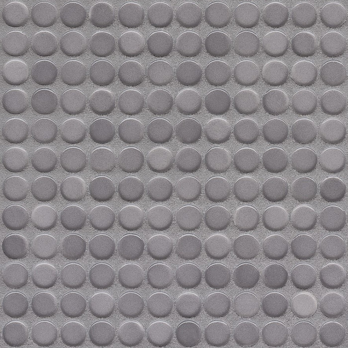 Sample of Modwalls PopDotz Porcelain Penny Round Tile | 1/2” Gloss | Peppercorn Blend | Gray | Colorful Modern & Midcentury tile for bathrooms, kitchens, backsplashes, showers, floors, pools & outdoors.
