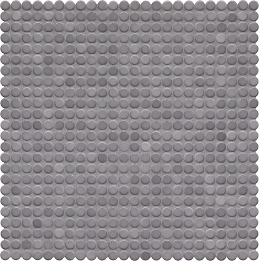Modwalls PopDotz Porcelain Penny Round Tile | 1/2” Gloss | Peppercorn Blend | Gray | Colorful Modern & Midcentury tile for bathrooms, kitchens, backsplashes, showers, floors, pools & outdoors.