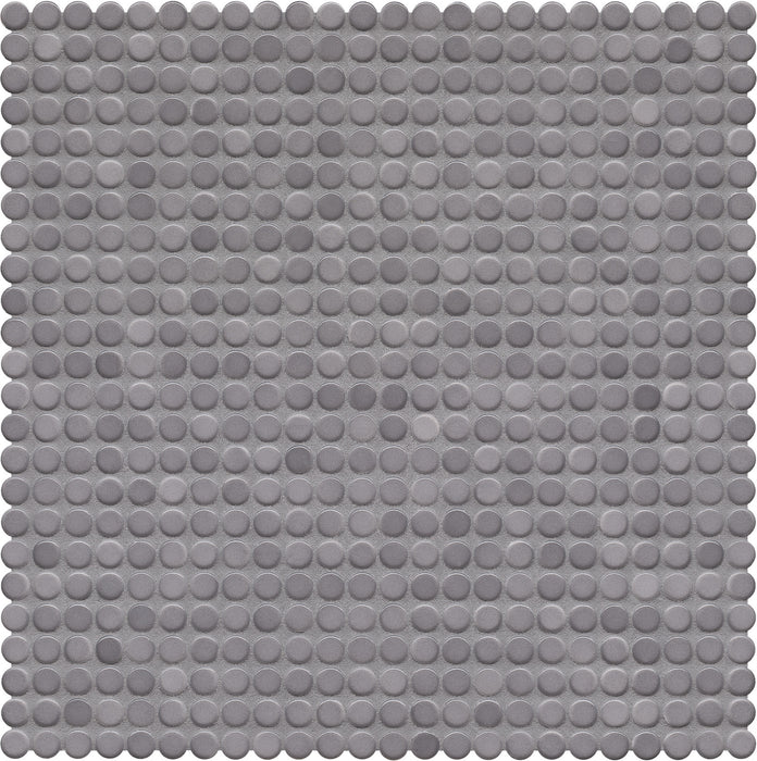 Modwalls PopDotz Porcelain Penny Round Tile | 1/2” Gloss | Peppercorn Blend | Gray | Colorful Modern & Midcentury tile for bathrooms, kitchens, backsplashes, showers, floors, pools & outdoors.