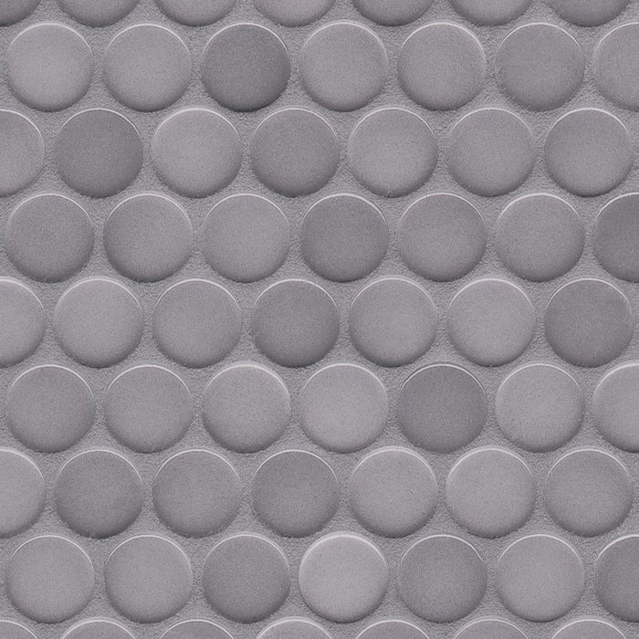 Sample of Modwalls PopDotz Porcelain Penny Round Tile | 1” Gloss | Peppercorn Blend | Gray | Colorful Modern & Midcentury tile for bathrooms, kitchens, backsplashes, showers, floors, pools & outdoors.