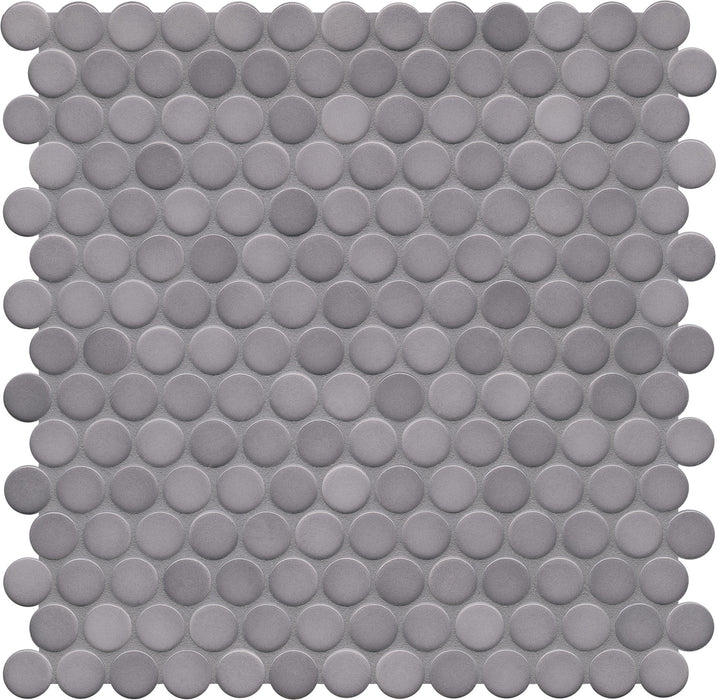 Modwalls PopDotz Porcelain Penny Round Tile | 1” Gloss | Peppercorn Blend | Gray | Colorful Modern & Midcentury tile for bathrooms, kitchens, backsplashes, showers, floors, pools & outdoors.
