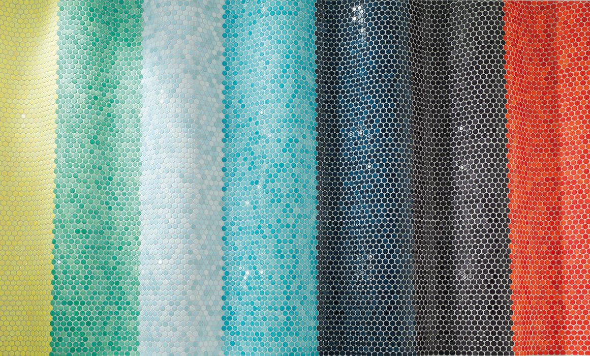 Modwalls PopDotz Porcelain Penny Round Tile | 1" Gloss |  Spearmint Blend | Green | Pictured installed on a feature wall |  Colorful Modern & Midcentury tile for bathrooms, kitchens, backsplashes, showers, floors, pools & outdoors.