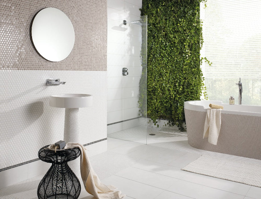 Modwalls PopDotz Porcelain Penny Round Tile | 1” Gloss | Sno-Drop Blend | White | Pictured installed in a bathroom | Colorful Modern & Midcentury tile for bathrooms, kitchens, backsplashes, showers, floors, pools & outdoors.