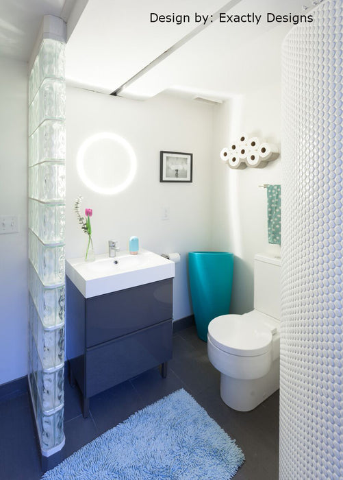 Modwalls PopDotz Porcelain Penny Round Tile | 1” Gloss | Sno-Drop Blend | White | Pictured installed in a bathroom | Colorful Modern & Midcentury tile for bathrooms, kitchens, backsplashes, showers, floors, pools & outdoors.