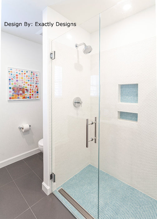 Modwalls PopDotz Porcelain Penny Round Tile | Cotton Candy Blend | Blue | Installed in a bathroom shower | Colorful Modern & Midcentury tile for bathrooms, kitchens, backsplashes, showers, floors, pools & outdoors.