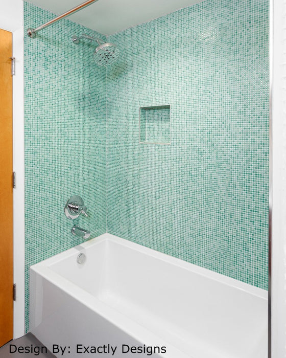 Modwalls PopDotz Porcelain Penny Round Tile | Spearmint Green | Pictured installed in a bathroom shower | Colorful Modern & Midcentury tile for bathrooms, kitchens, backsplashes, showers, floors, pools & outdoors.