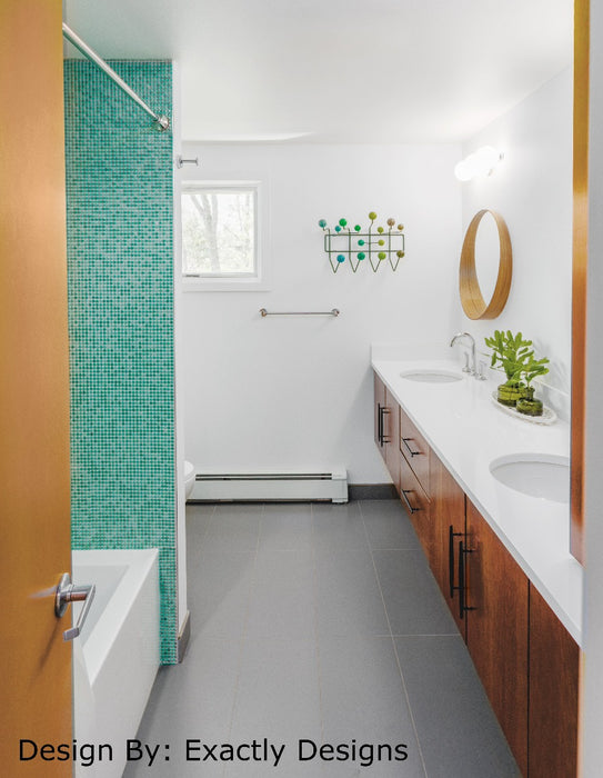 Modwalls PopDotz Porcelain Penny Round Tile | Spearmint Green | Pictured installed in a bathroom shower | Colorful Modern & Midcentury tile for bathrooms, kitchens, backsplashes, showers, floors, pools & outdoors.
