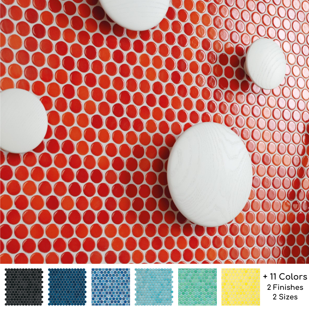 Modwalls PopDotz Porcelain Penny Round Tile | Cinnamon Red | Colorful modern and midcentury tile for bathrooms, kitchens, backsplashes, showers, floors, pools & outdoors.