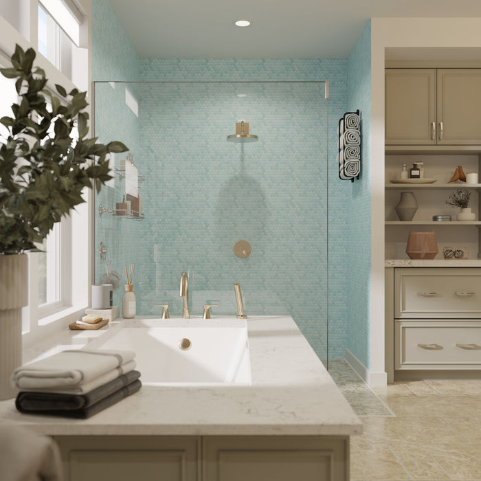 Modwalls PopDotz Porcelain Penny Round Tile | Taffy Blend | Blue | Pictured installed in a bathroom shower | Colorful Modern & Midcentury tile for bathrooms, kitchens, backsplashes, showers, floors, pools & outdoors.