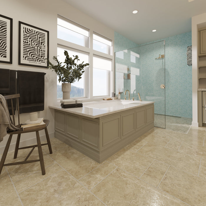 Modwalls PopDotz Porcelain Penny Round Tile | Taffy Blend | Blue | Pictured installed in a bathroom shower | Colorful Modern & Midcentury tile for bathrooms, kitchens, backsplashes, showers, floors, pools & outdoors.
