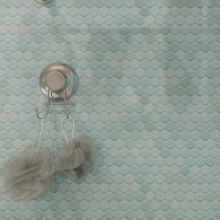 Modwalls PopDotz Porcelain Penny Round Tile | 1” Gloss | Taffy Blend | Blue | Pictured installed in a bathroom shower | Colorful Modern & Midcentury tile for bathrooms, kitchens, backsplashes, showers, floors, pools & outdoors.