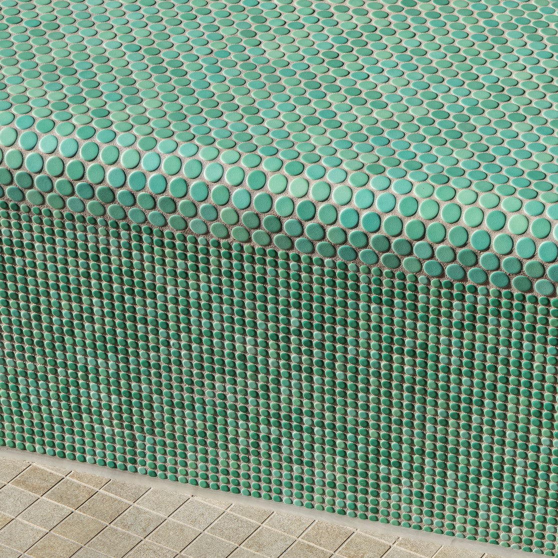 Modwalls PopDotz Porcelain Penny Round Tile | Spearmint | Colorful Modern & Midcentury tile for bathrooms, kitchens, backsplashes, showers, floors, pools & outdoors. 