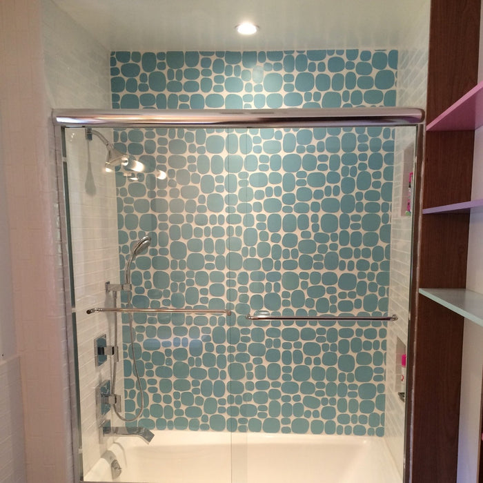 Modwalls Rex Ray Studio Rox Ceramic Tile | Comet | Blue | Installed in a shower | Colorful Modern & Midcentury tile for interior walls, bathrooms, kitchens, backsplashes, showers.