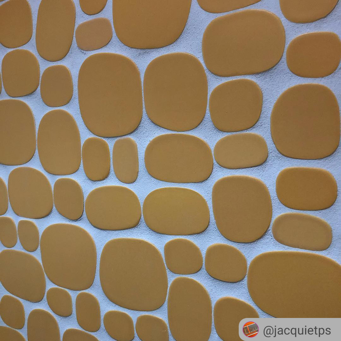Modwalls Rex Ray Studio Rox Ceramic Tile | Solar | Yellow | Installed on bathroom walls | Colorful Modern & Midcentury tile for interior walls, bathrooms, kitchens, backsplashes, showers.