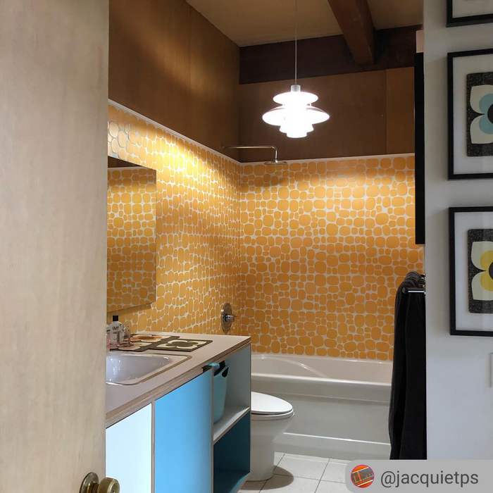 Modwalls Rex Ray Studio Rox Ceramic Tile | Solar | Yellow | Installed on bathroom walls | Colorful Modern & Midcentury tile for interior walls, bathrooms, kitchens, backsplashes, showers.