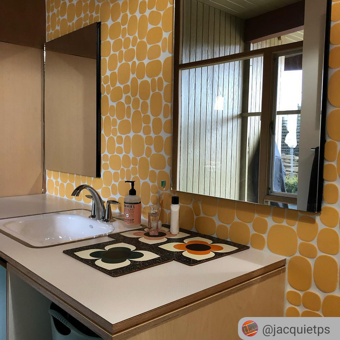 Modwalls Rex Ray Studio Rox Ceramic Tile | Solar | Yellow | Installed on bathroom walls | Colorful Modern & Midcentury tile for interior walls, bathrooms, kitchens, backsplashes, showers.
