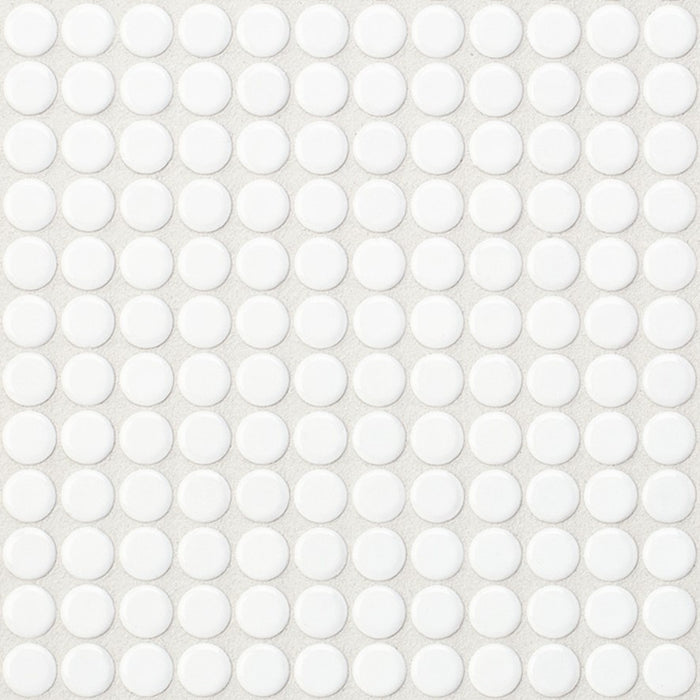 Sample of Modwalls PopDotz Porcelain Penny Round Tile | 1/2” Gloss | Sno-Drop Blend | White | Colorful Modern & Midcentury tile for bathrooms, kitchens, backsplashes, showers, floors, pools & outdoors.