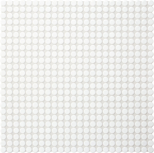 Modwalls PopDotz Porcelain Penny Round Tile | 1/2 inch gloss | Sno-Drop Blend |  White | Colorful Modern & Midcentury tile for bathrooms, kitchens, backsplashes, showers, floors, pools & outdoors.