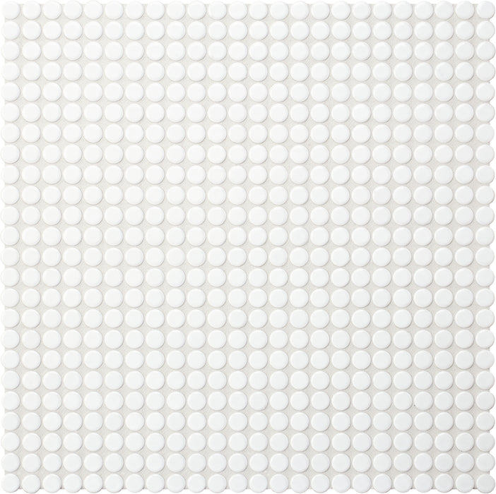 Modwalls PopDotz Porcelain Penny Round Tile | 1/2 inch gloss | Sno-Drop Blend | White | Colorful Modern & Midcentury tile for bathrooms, kitchens, backsplashes, showers, floors, pools & outdoors.