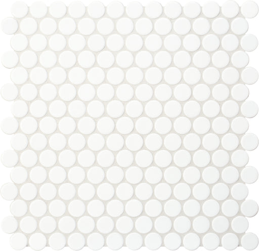 Modwalls PopDotz Porcelain Penny Round Tile | 1” Gloss | Sno-Drop Blend | White | Colorful Modern & Midcentury tile for bathrooms, kitchens, backsplashes, showers, floors, pools & outdoors.
