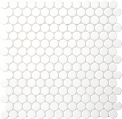 Modwalls PopDotz Porcelain Penny Round Tile | 1" Matte | Sno-Drop Blend | White | Colorful Modern & Midcentury tile for bathrooms, kitchens, backsplashes, showers, floors, pools & outdoors.