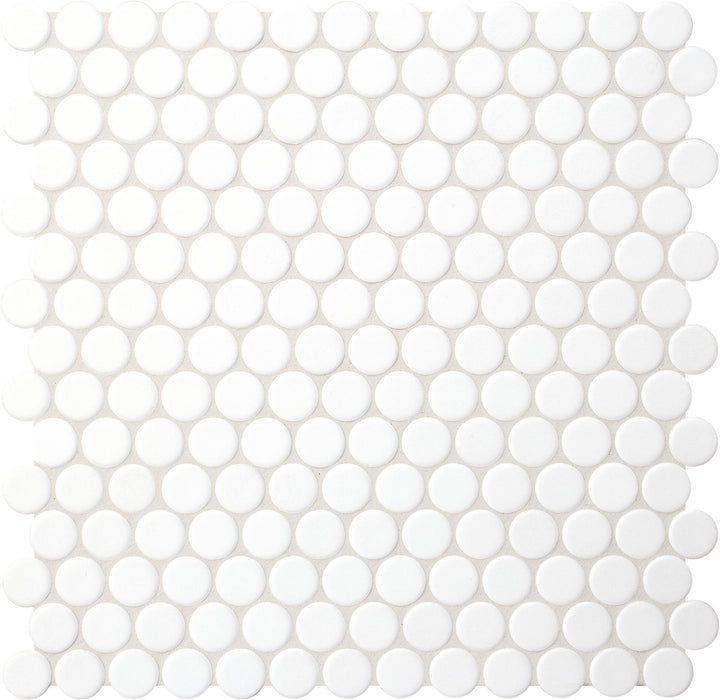 Modwalls PopDotz Porcelain Penny Round Tile | 1" Matte | Sno-Drop Blend | White | Colorful Modern & Midcentury tile for bathrooms, kitchens, backsplashes, showers, floors, pools & outdoors.
