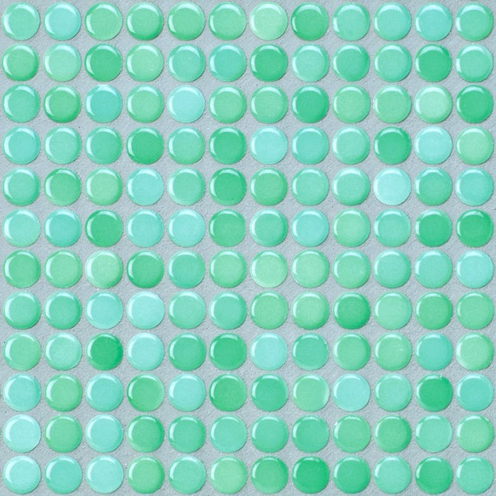 Sample of Modwalls PopDotz Porcelain Penny Round Tile | 1/2” Gloss | Spearmint Blend | Green | Colorful Modern & Midcentury tile for bathrooms, kitchens, backsplashes, showers, floors, pools & outdoors.