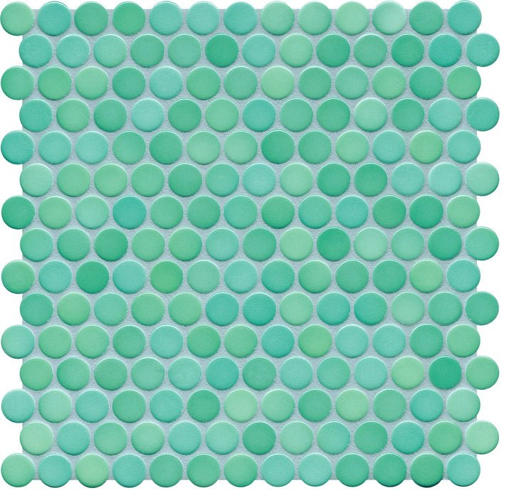 Modwalls PopDotz Porcelain Penny Round Tile | 1” Gloss | Spearmint Blend | Green | Colorful Modern & Midcentury tile for bathrooms, kitchens, backsplashes, showers, floors, pools & outdoors.