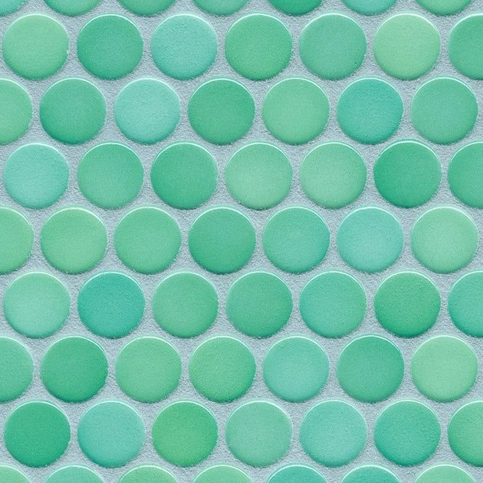 Sample of Modwalls PopDotz Porcelain Penny Round Tile | 1” Gloss | Spearmint Blend | Green | Colorful Modern & Midcentury tile for bathrooms, kitchens, backsplashes, showers, floors, pools & outdoors.
