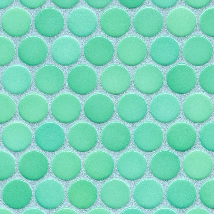 Sample of Modwalls PopDotz Porcelain Penny Round Tile | 1” Gloss | Spearmint Blend | Green | Colorful Modern & Midcentury tile for bathrooms, kitchens, backsplashes, showers, floors, pools & outdoors.