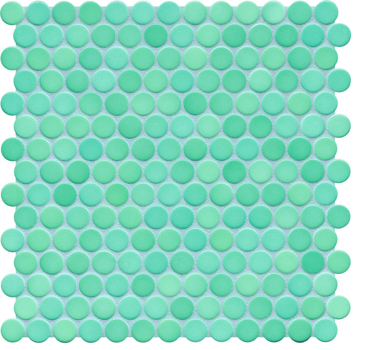 Modwalls PopDotz Porcelain Penny Round Tile | 1” Matte | Spearmint Blend | Green | Colorful Modern & Midcentury tile for bathrooms, kitchens, backsplashes, showers, floors, pools & outdoors.