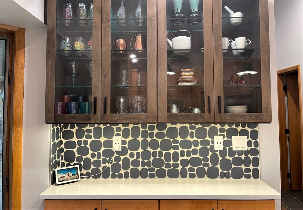 Modwalls Rex Ray Studio Rox Ceramic Tile | Eclipse | Black | Pictured installed on a kitchen backsplash | Colorful Modern & Midcentury tile for interior walls, bathrooms, kitchens, backsplashes, showers.