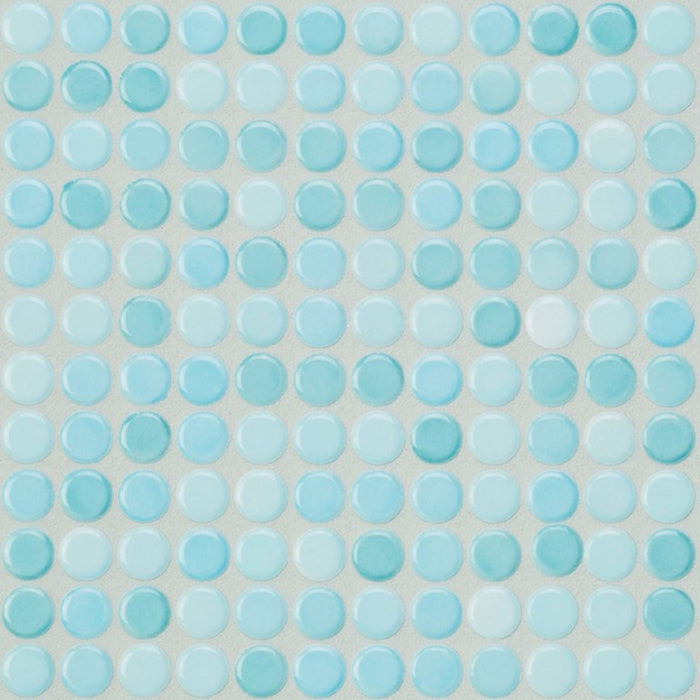 Sample of Modwalls PopDotz Porcelain Penny Round Tile | 1/2” Gloss | Taffy Blend | Blue | Colorful Modern & Midcentury tile for bathrooms, kitchens, backsplashes, showers, floors, pools & outdoors.