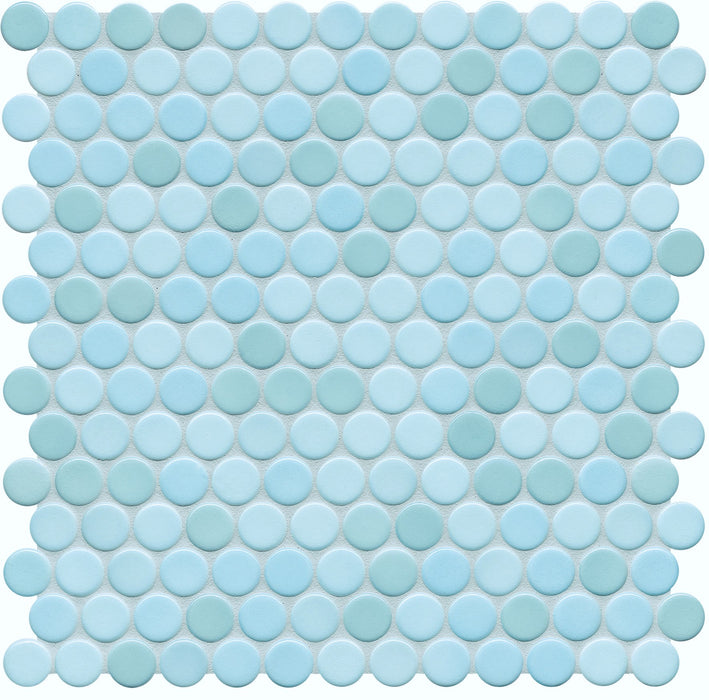 Modwalls PopDotz Porcelain Penny Round Tile | 1” Gloss | Taffy Blend | Blue | Colorful Modern & Midcentury tile for bathrooms, kitchens, backsplashes, showers, floors, pools & outdoors.